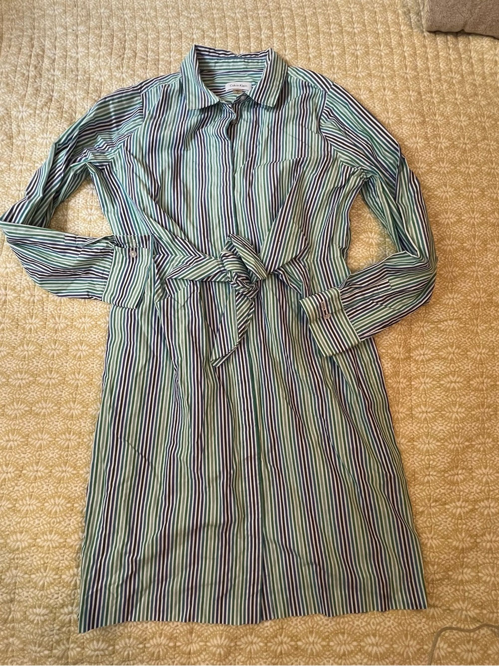 Calvin Klein Green and Blue Striped Tie-Waist Long Sleeve Shirt Dress